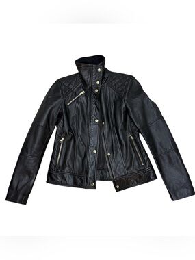 Cole Haan Genuine Lambskin Black Quilted Leather Moto Jacket Excellent Condition
